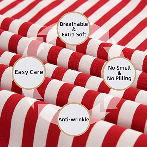 Image of Best Season Ticking Stripe Sheet Set,4 Piece Queen Size Microfiber Bedding,Burgundy Red and White Pinstripe Patterned,Deep Pocket