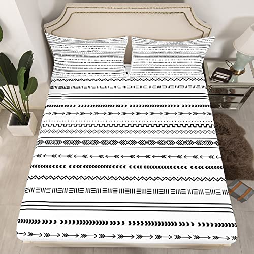 Boho Aztec Bed Sheets Full for Men Women Black and White Geometric Arrow Printed Bedding Sets,Bohemian Striped Ethnic Retro Boho Southwestern Fitted Sheet