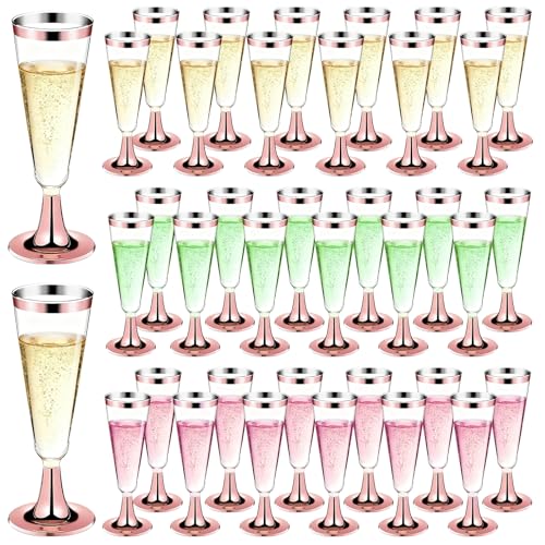 GuanQiao 100 Pack Plastic Champagne Flutes with Rose Gold Rim Pink Bottom 5.5 Oz Clear Disposable Plastic Champagne Glasses Wine Glasses Cups for Wedding Celebration New Years Eve Party Supplies