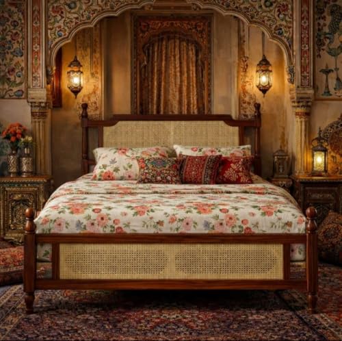 Image of JANGHU FURNITUREWALA Wooden /Rattan /Cane /Queen Size Bed Without Storage -Sheesham Wood -King Cot -Palang -Bed Stylish Bedroom Furniture /Hotel Furniture (Flor De Cerezo, Honey Finish) Rattan /Cane Bed