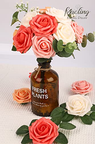 Macting 30Pcs Artificial Rose Flowers, Real Touch For Mother'day Gift Diy Bouquets, Wedding Party, Baby Shower, Home, Christmas Tree Decoration（Mix Coral #TOP3