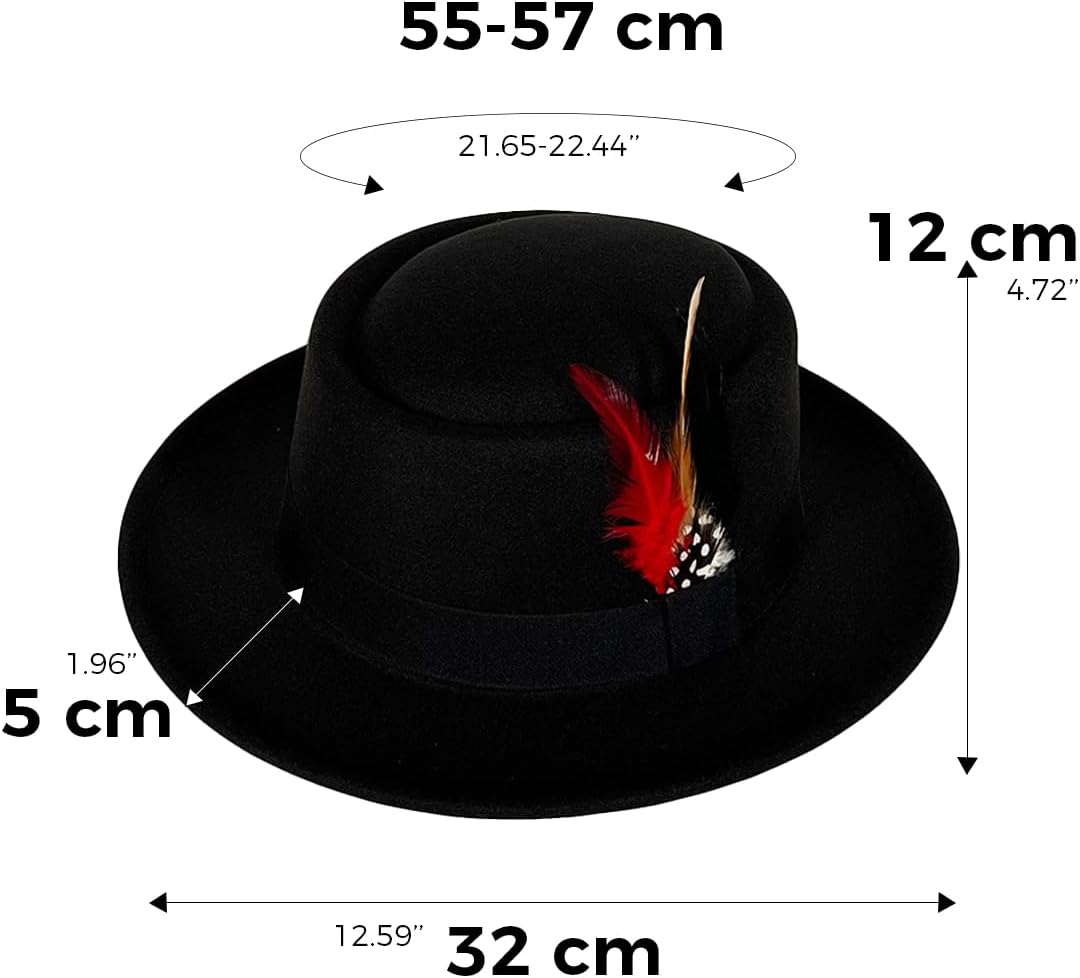Wool Felt Fedora Hats for Women Men, Wide Brim Flat Top Hat Porkpie Hat, Jazz Hat with Feather Unisex - Image 7