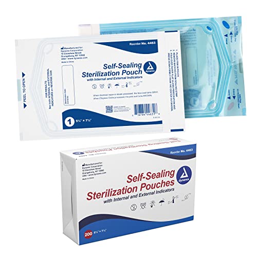 Dynarex Sterilization Pouches - Self-Sealing Autoclave Bags for Medical, Dental, Tattoo & Nail Care Tools - Blue-Tinted Transparent Cover, Dual Color Indicators (5.25" x 7.5", 200)