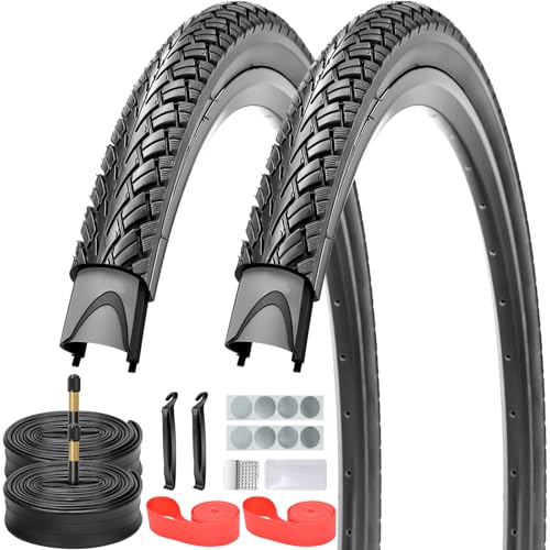 AKOSONE 700x32C/35C/38C Foldable Road Bike Tires and Inner Tubes 2-Pack Schrader Valve 48mm with Repair Kit Rim Strip Tire Levers for Road Bicycle (Black 700x35C/AV)
