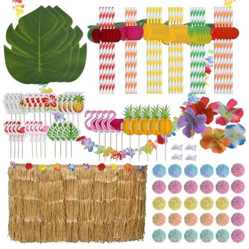 156 Pcs Hawaiano Luau Falda de Mesa Set de Decoración, Decoraciones Fiesta de Verano Tropical de 9,6 ft con Guirnaldas Piñas Hojas de Palma Paraguas 3D Pajitas Decoraciones de Mesa (A)
