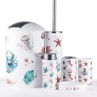 JOTOM Modern Design 6 Piece Plastic Bathroom Accessory Set Luxury Bath Accessories Bath Set Lotion Bottles,Toothbrush Holder,Tooth Mug,Soap Dish,Toilet Brush,Rubbish(Seahorse)