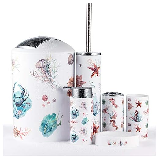 JOTOM Juego de Accesorios de Baño 6 Piezas, Cubo de Basura, Jabonera, Dispensador de jabón, Vaso, Vaso para Cepillo de Dientes y escobilla (Caballo de Mar)