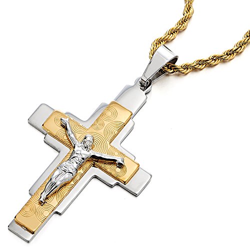 COOLSTEELANDBEYOND Grande Tres Capas Jesucristo Crucifijo Cruz, Collar con Colgante de Hombre, Cruce, Acero Inoxidable, Cadena 75CM