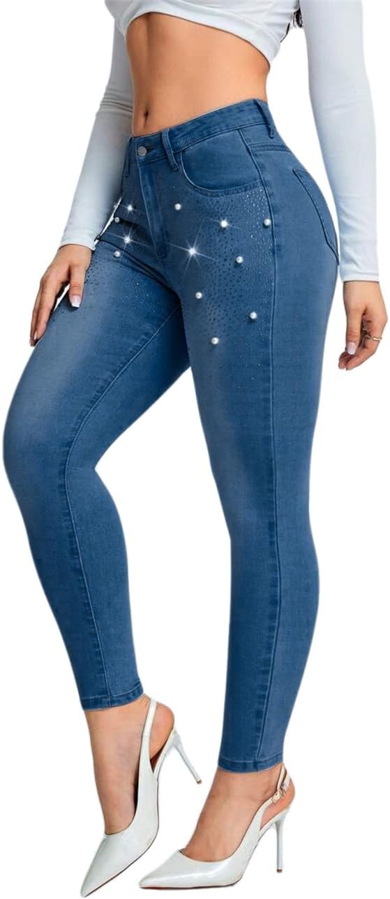 Pearl Jeans for Women Rhinestone Low Rise Skinny Jeans Embellished Ankle Stretchy Denim Pants