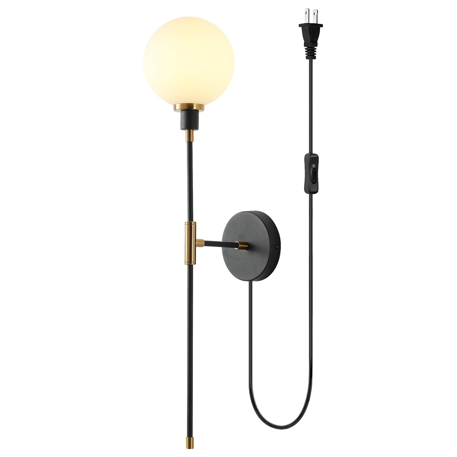Vintage Industrial Wandlampe mit Schalter und Stecker Innen Wandleuchte mit Kabel Steckdose Wandbeleuchtung Glaskugel Schwarz Metall G9 für Wohnzimmer Schlafzimmer Loft (D,1 Stück)