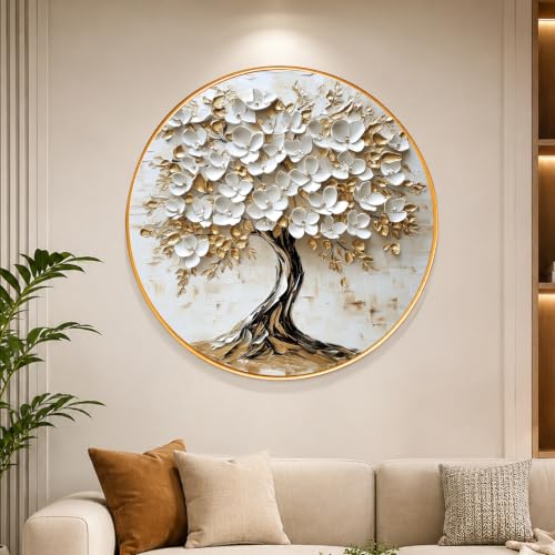 Image of PAINTINGMANTRA Tree of Life Wall Art Painting for Living Room, Floral White Flowers Painting with Round Frame for Home Bedroom and Office, 23 Inch