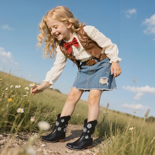 Goiphrri Cowgirl Boots For Girls Mid Calf Cowboy Boot Toddler Chunky Low Heel Western Boots with Floral Embroidered Square Toe Horse Riding Dress Shoes For Little/Big Kids4