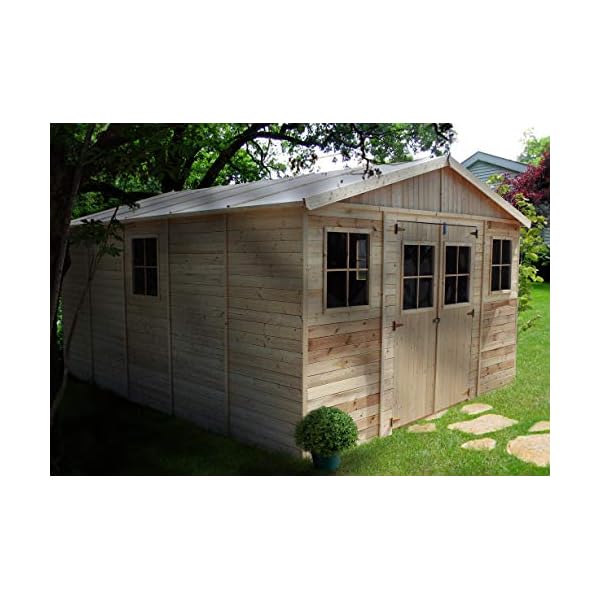 TIMBELA Holz Gartenschuppen MIT IMPRÄGNIERTEM Boden - Abstellkammer mit Fenstern - H246 x 418 x 522 cm/ 20 m² Naturholz… – Bild 7