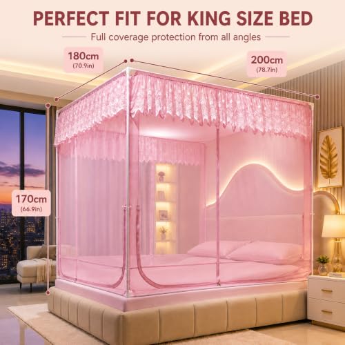 Image of Dawnwake Mosquito Net for King Size Double Bed, Anti-Fall Machardani Mosquito Net for Babies and Adults, Portable Foldable Mosquito Net Tent for Travel /Camping (Pink, 200x180cm)