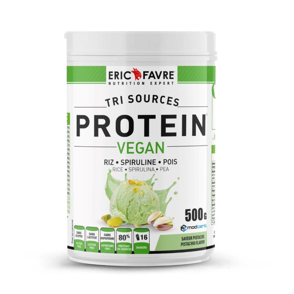 PROTEINES VEGAN TRI-SOURCE - Protéines Végétales Vegan Savoureuses Pour le Développement Musculaire - Riz Spiruline Pois - Assimilable Rapidement - 500g - Saveur Pistache - Eric Favre