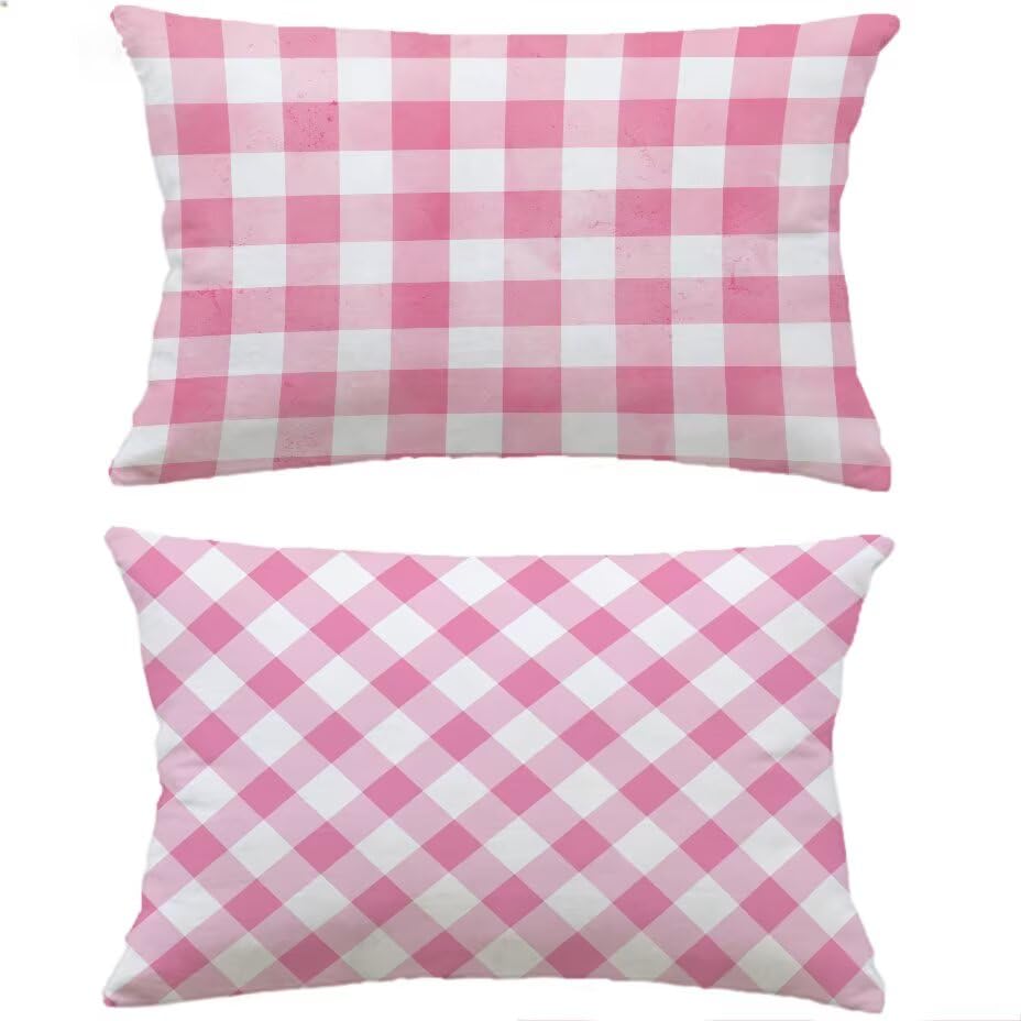 Housse de coussin imperméable 50x70 anti-tache rose aspect lin pour extérieur