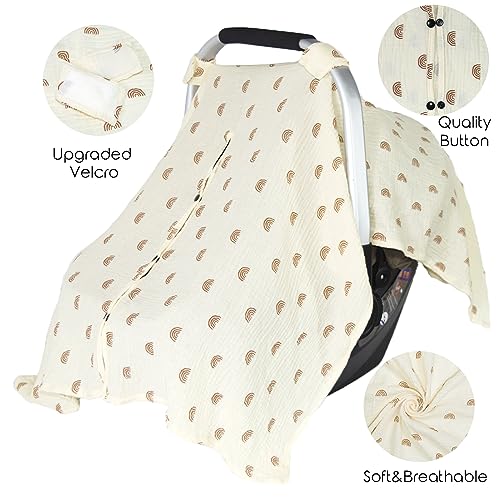 Image of Organic Cotton Muslin Baby Car Seat Cover, Multi Use for Nursing Cover,Breathable Carseat Canopy for Boys Girls (Rainbow)