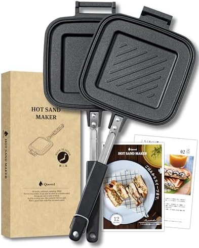 【燕三条】日本製 Qoovel ホットサンドメーカー 直火 耳圧着式 (12種のレシピ冊子付) リッチな焼き目×片面フラット 耳まで焼ける 上下分離型 キャンプ