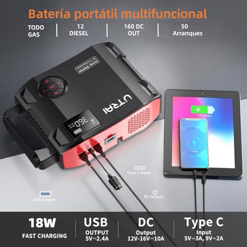 Miniatura 6 de 27000mAh Arrancador de Baterías de Coche con Compresor de Aire/18W Carga Rápida/Luz LED de 1600 lúmenes/160W DC out/Pantalla LCD/Carga rápida 3.0(All Gas o 12L Diesel) UTRAI 8000A Jump Starter