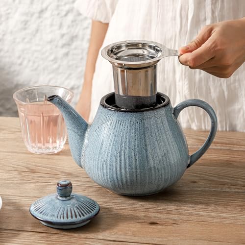Image of HVH 40 oz Porcelain Teapot with Stainless Steel Infuser, Ceramic Tea pot with Infuser for Loose Tea, Enough For 6 Cups, Striped Series (Wabi sabi)