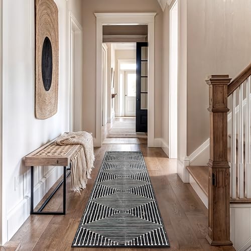Rugshop Marbella Bohemian Stripes Washable Non Slip Runner Rug 2' x 10' Black