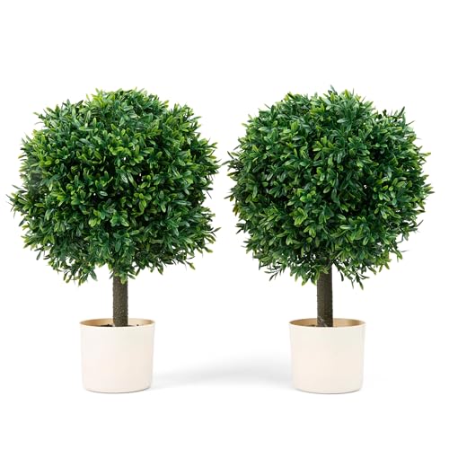 DRAY Paquete de 2 plantas topiarias artificiales japonesas de boj de 24 pulgadas para exteriores con maceta beige, resistente a los rayos UV, vegetación realista para jardín, patio, porche o maceta