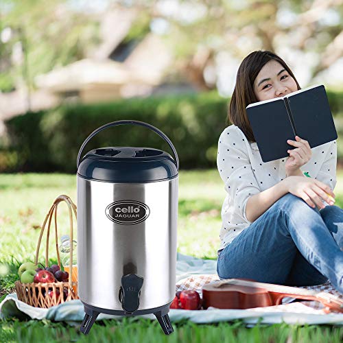 Image of CELLO Jaguar Vacuum Insulated Thermos Water Jug for Kitchen 8 Litre Grey | Easy to Fill & Clean Wide Mouth, Press and Pour Tap Double Wall Hot and Cold Stainless Steel Water Jug for Picnic and Office