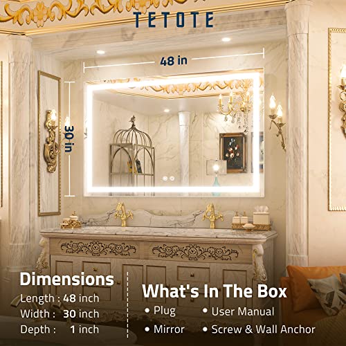 TETOTE LED Mirror for Bathroom 48 x 30 Inch Lighted Mirrors for Wall with Antifog, 3 Colors, Stepless Dimmable(Horizontal/Vertical)