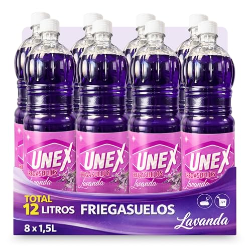 Friegasuelos aroma Lavanda, Limpiador de suelos olor Lavanda, Con perfume intenso y duradero, Combate malos olores, ideal para conseguir un suelo reluciente y no dejar huellas,8 botella de 1.50 Litros