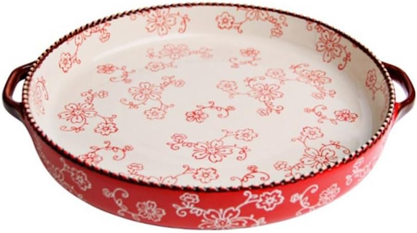 Lasagna Pans Double-Handled Round Baking Pan Hand-Painted Cherry Blossoms Beaded Edge for Desserts Pizza for Baking Cake(Red,Large)