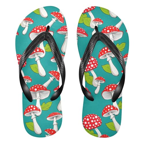 Sinestour Mushroom Leaves Teal Flip Flops for Beach Thong Sandals Anti-slip Lightweight Flat Slippers for Summer Swim Travel
