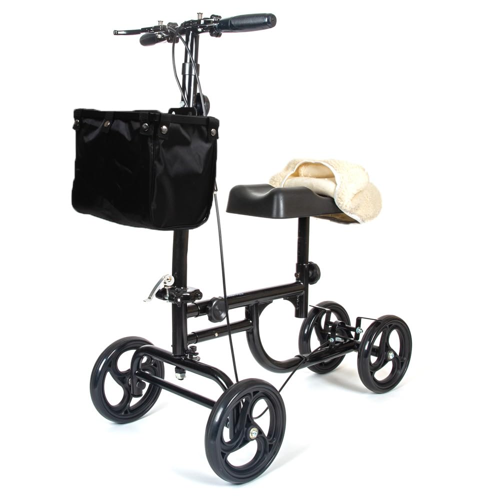BodyMed Knee Walker, Steerable for Foot Injuries - Adjustable Scooter with Dual Brakes, Detachable Fabric Basket &amp; Cushioned Pad - Better Alternative to Crutches for Leg Recovery