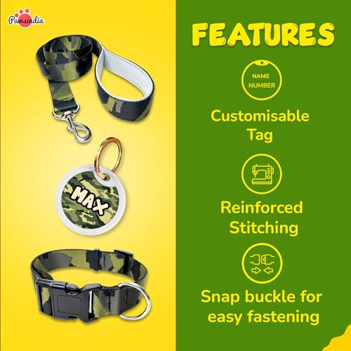 Image of Pawsindia Leash and Collar with Name Tag for Dogs, Army Print with 1.5 Inches Width Adjustable Collar and 4 Feet Heavy Duty Leash with Customize Nametag,Nylon