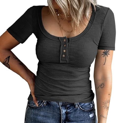 Women Short Sleeve Shirts Henley Blouse Button Down Slim Fit Tops Teen Girl Scoop Neck Knit Shirts Outfits