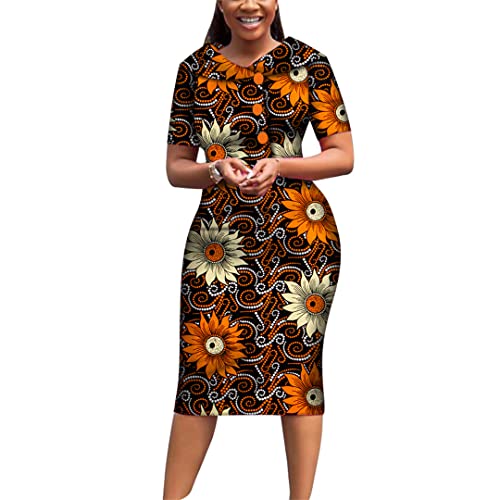 African Print Dresses for Women Short Sleeve Mid-Dress Dashiki Traditional Knee-Length African Dresses 6382 M2