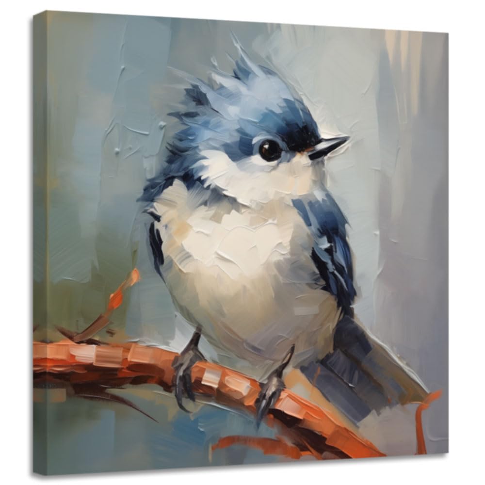 CGXLB Blue Gray Bird Wall Art Bird on Branch Painting Nature Decor for Living room Bedroom Nursery 12"x12"