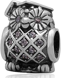 Graduation Charm Owl Charm with Crystal Charm 925 Sterling Silver Animal Charm Bird Charm Wisdom Charm for DIY Charms Bracelet (C)