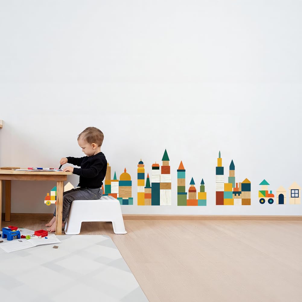 SUPERDANT Wall Sticker Geometric Building Blocks Wall Decals with Retro Style and Wood Grain Texture Creative Walls Decor for Home Bedroom Living Room Colorful 90x30cm