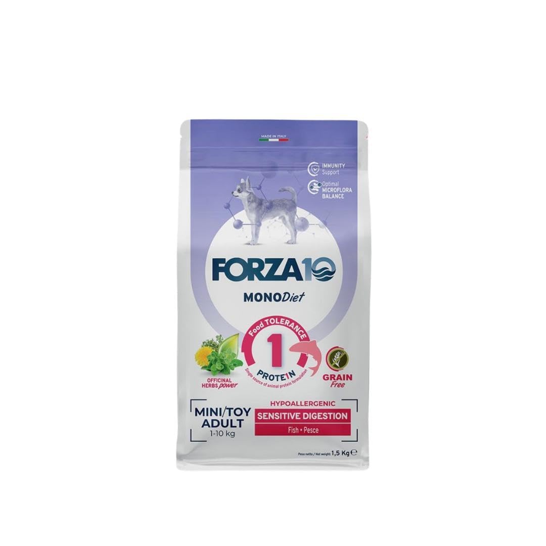 Forza 10 Perro pequeño/Mini Adult Mono sabor pescado alimento completo monoproteico para perros adultos de talla pequeña, hipoalergénico, sensible digestión, paquete de 1,5 kg.