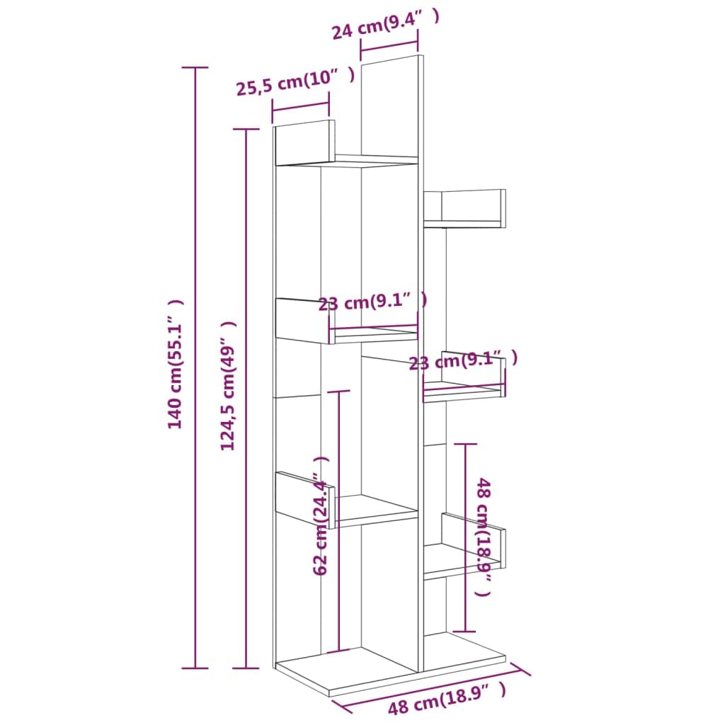 Librería en forma de árbol 48 x 25,5 x 140 cm gris Sonoma madera diseño moderno con soporte de pared ahorra espacio para sala de estar, oficina, dormitorio, pasillo