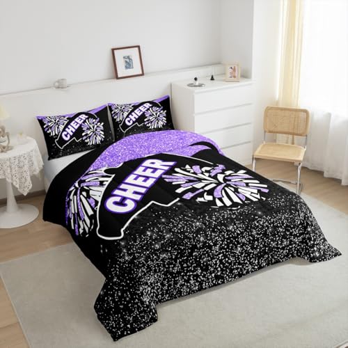 Image of Feelyou Purple Glitter Cheer Comforter Set Dreamy Girly Gymnastic Sports Comforter for Kids Boys Girls Gymnastics Lovers Bedding Set Cheer Sports Glitter Duvet Set Room Decor Quilt Queen Size Boys