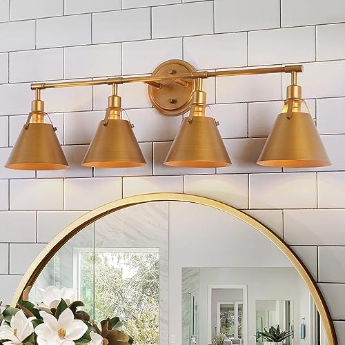 KSANA Antique Gold Bathroom Light Fixtures, Modern Brass 4-Light Vanity ...