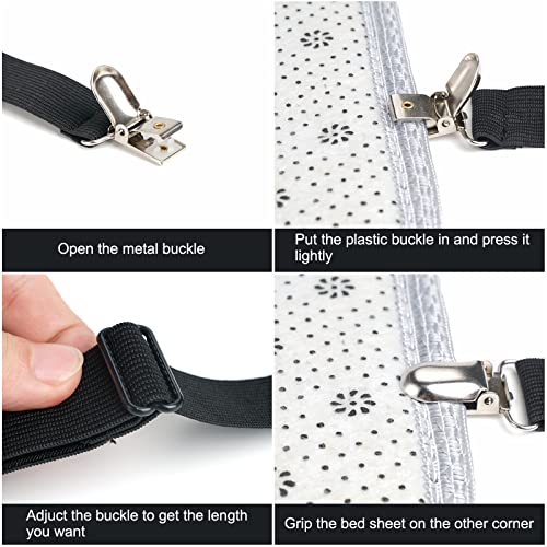 4 Stück Verstellbare Bettlakenspanner Lakenspanner, Elastische Matratzenspanner Bettlaken Spanngurte Halter Spannbettlaken Spanner mit Metallclips für Bettlaken, Matratze, Bügelbrett,Sofa,Schwarz - Image 5