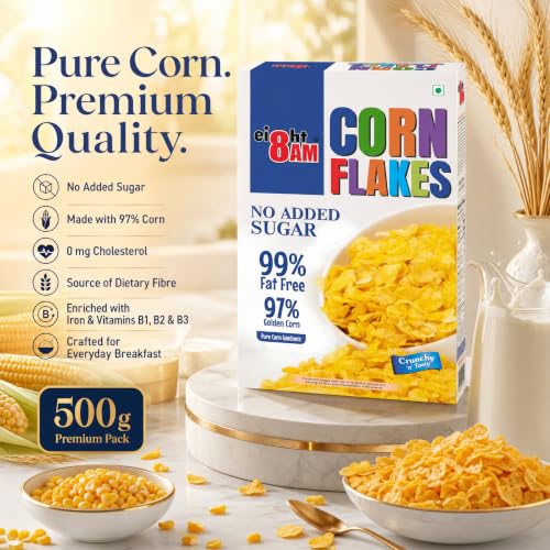 Image of 8AM Corn Flakes 500 Gram, No Added Sugar, 97% Corn, 99% Fat Free, No Cholesterol, Trans Fat, Artificial Additives, Vitamins B1, B2, B3, B6, B9, Iron, Calcium, Breakfast Cereal