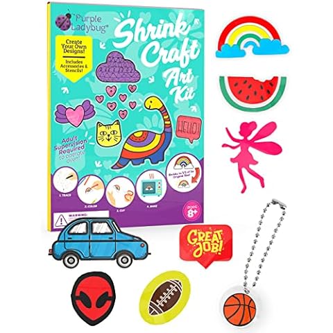 PURPLE LADYBUG Shrink Art Craft Kits for Kids Age 8+ - Fun Arts and Crafts for Kids Age 8 9 10 - Create Cool Hairclips & Keychains - Presents for Kids with 15 Shrink Plastic Sheets, Pencils & More Cover
