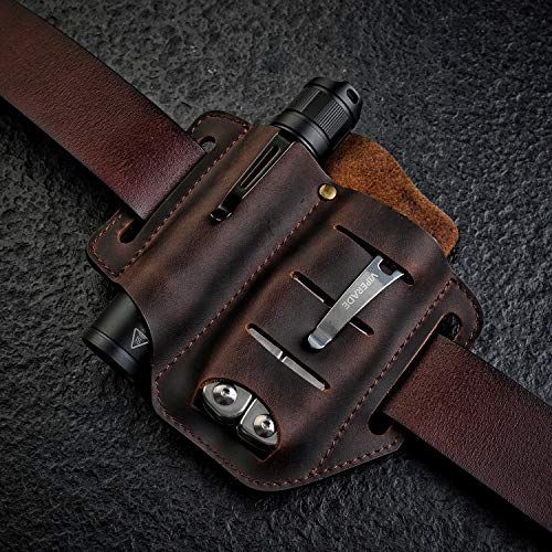 VIPERADE EDC Leather Sheath for Knife/Flashlight/Tactical pen/Tools and EDC Gear, Handmade Pocket EDC Organizer Leather Sheath, 2 pockets Belt Sheath (Black)