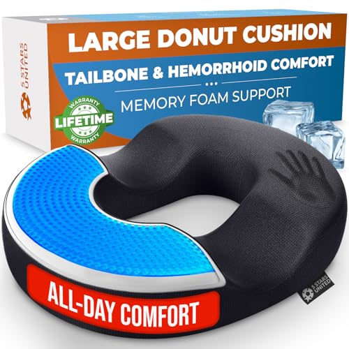 5 STARS UNITED Donut Pillow Hemorrhoid Tailbone Cushion – Large Chair Pad for Pain Relief – Coccyx, Prostate, Sciatica, Pelvic Floor, Pressure Sores, Pregnancy, Postpartum Recovery, Arctic Black