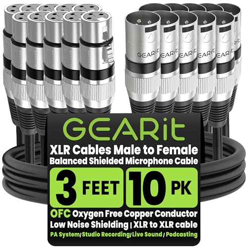 Image of Gearit XLR Microphone Cable (3 Feet, 10-Pack) - Male to Female 3-Pin Balanced Shielded Mic Cable for Mixer, Recording Studio, Podcast - Black, 3ft