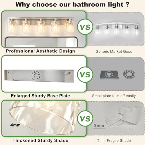 Image of Bathroom Light Fixtures,5-Light Brushed Nickel Vanity Lights Over Mirror | Modern Wall Light,Clear Ripple Glass Shade,Sturdy Metal Frame,For Bathroom Remodel,Easy Install,E26 Socket,ETL-Listed 36-inch
