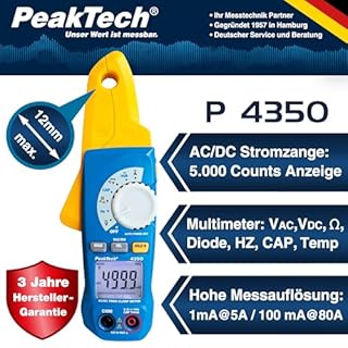 Peaktech P 4350 – Morsetto Ca/Cc 80A True Rms, Multimetro Digitale, Pinza Amperometrica, Autorange, 4000 Conteggi, Voltmetro senza Contatto, Amperometro, Tester di Continuità - Max 600 V